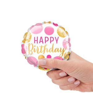 Minishapes | 4 Inch Birthday Pink & Gold Dots Mini Shape (Air-Fill Only) Foil Balloons Minishapes