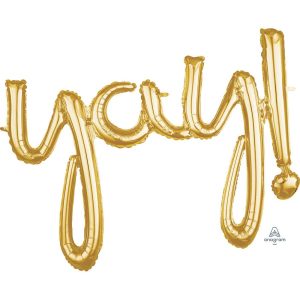 Phrases & Number Kits | 35″ Script Phrase: "Yay!" – Gold (Air-Fill Only) Foil Balloons Phrases & Number Kits